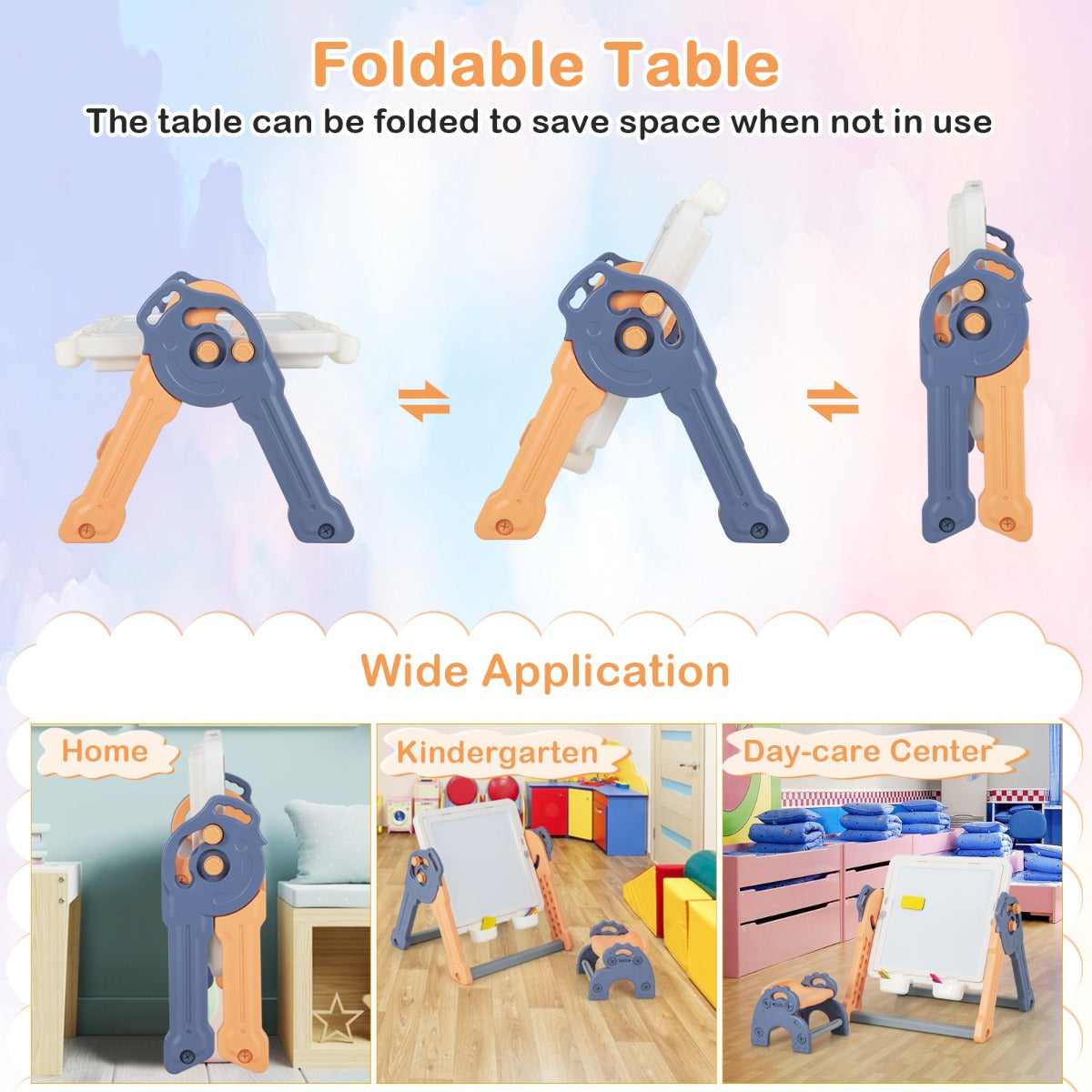 LIVSK 2-in-1 Kinderezel en Speeltafel - Omkeerbaar Whiteboard en Bouwtafel - Inclusief 105 Bouwstenen en Stiften - Blauw + Oranje