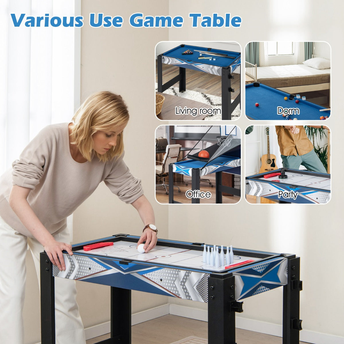 LIVSK 6-in-1 multigametafel - Biljart, tafeltennis, hockey, bowling, shuffleboard, basketbal - Ruimtebesparend - Multicolour