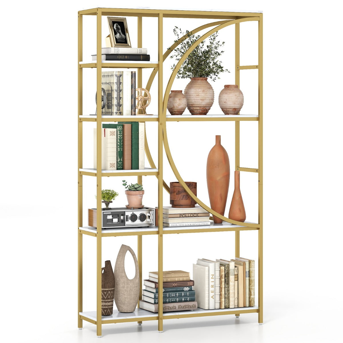 LIVSK Geometrische Boekenkast - 6 Laags Metalen Frame - Elegant Design - Veel Opbergruimte - 100 x 30 x 177 cm - Rustiek bruin &