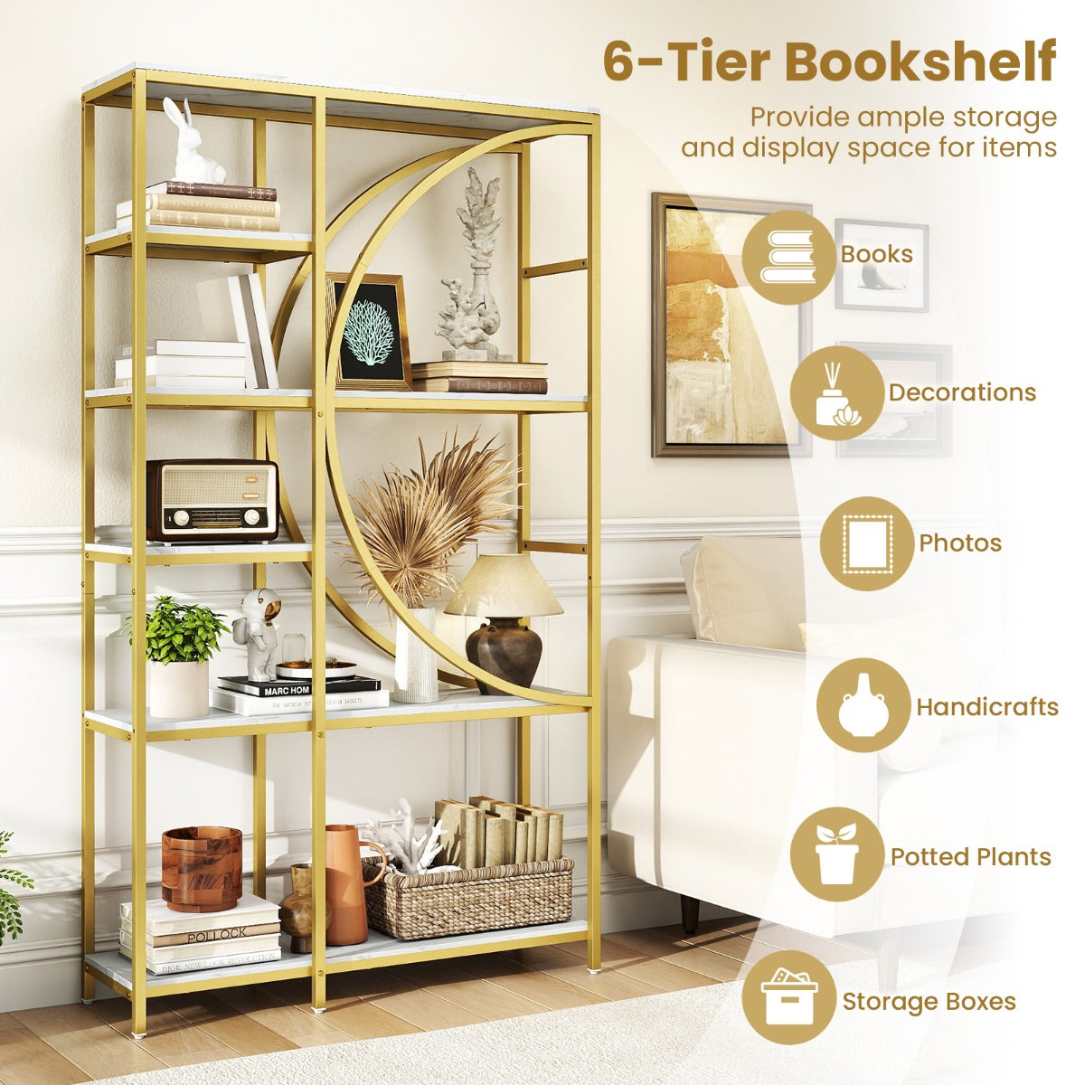 LIVSK Geometrische Boekenkast - 6 Laags Metalen Frame - Elegant Design - Veel Opbergruimte - 100 x 30 x 177 cm - Rustiek bruin &