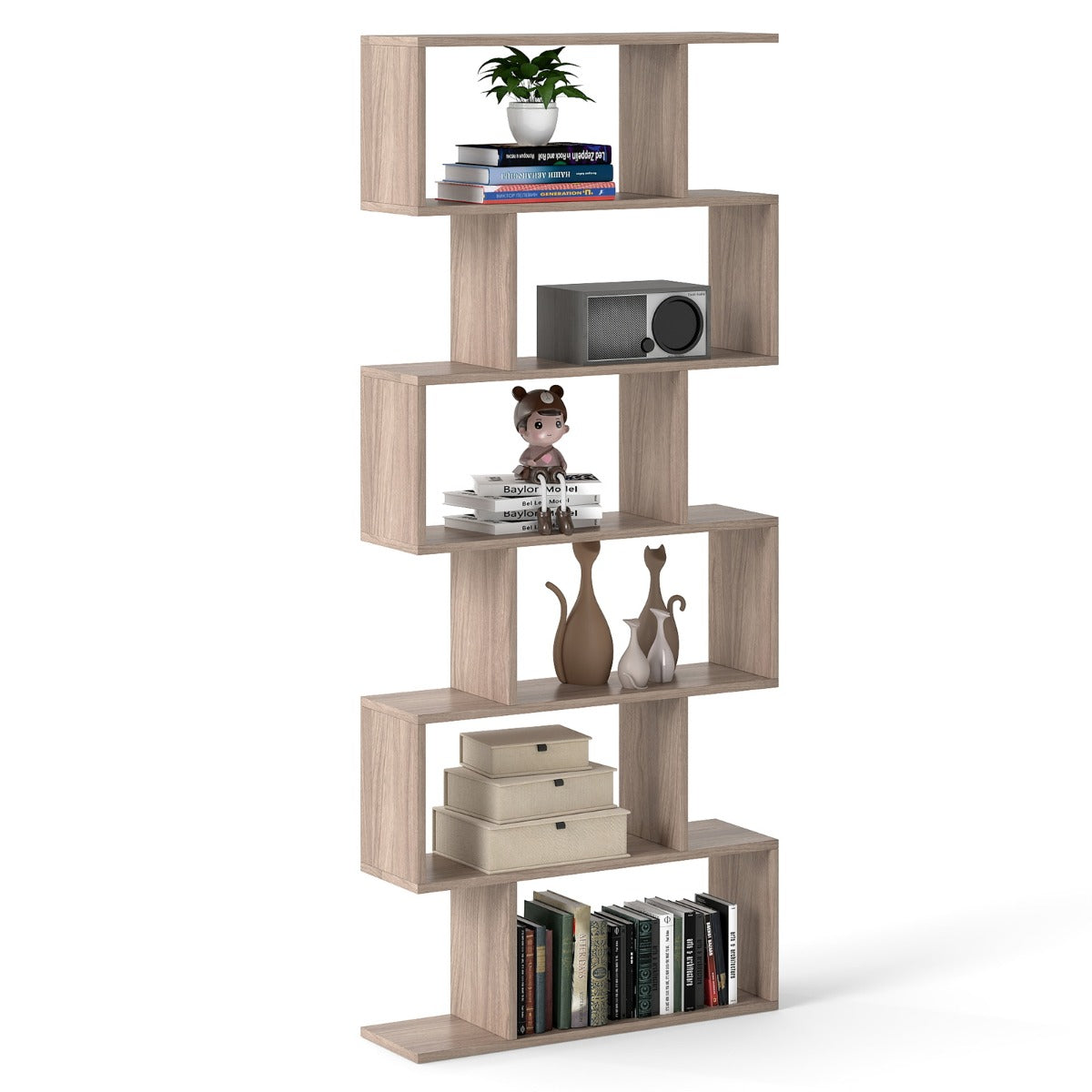 Livsk costway 6 laags boekenkast vrijstaande s vormige stijl boekenplank met anti kantelbeveiliging z ontworpen houten plank grijs