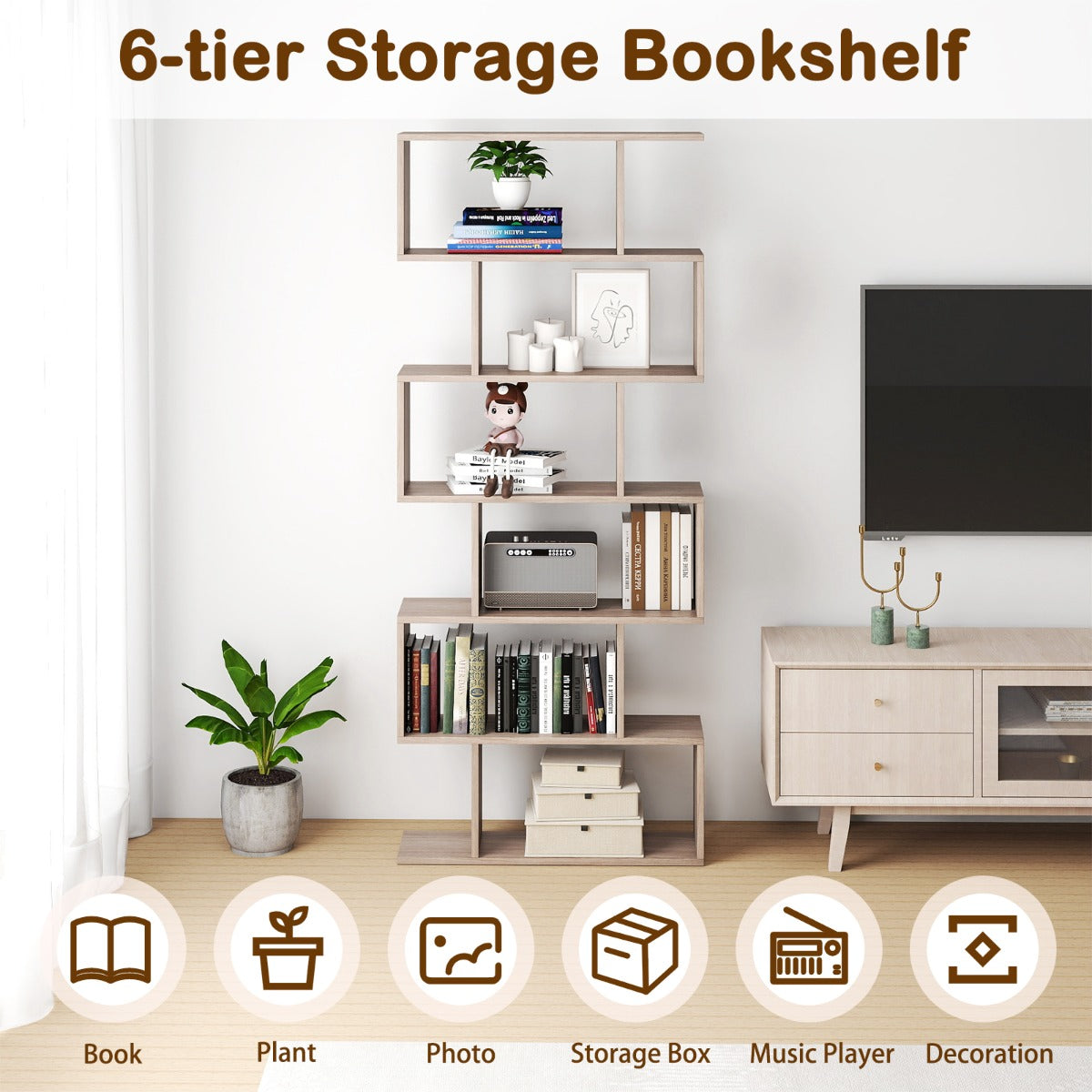 Livsk costway 6 laags boekenkast vrijstaande s vormige stijl boekenplank met anti kantelbeveiliging z ontworpen houten plank grijs 5