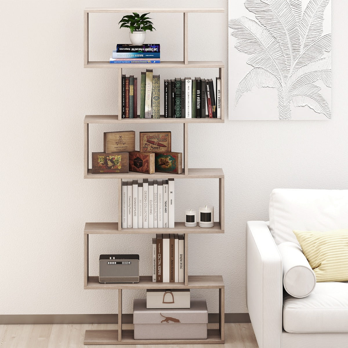 Livsk costway 6 laags boekenkast vrijstaande s vormige stijl boekenplank met anti kantelbeveiliging z ontworpen houten plank grijs 6