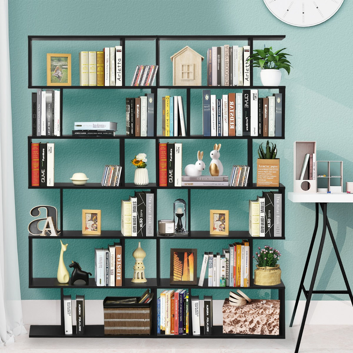 LIVSK Vrijstaande Boekenkast - 6 Ruime Vakken - S-vormig Ontwerp - Stevige Houten Constructie - Anti-kantelbeveiliging - 80 x 23
