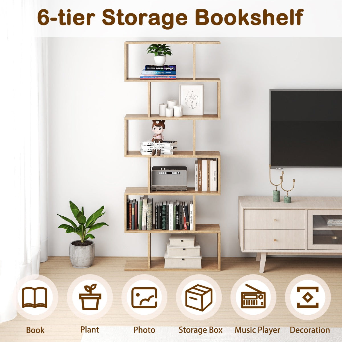 Livsk costway 6 laags boekenkast vrijstaande scheidingswand vrijstaande kantoorrek opbergrek voor woonkamer en slaapkamer 5