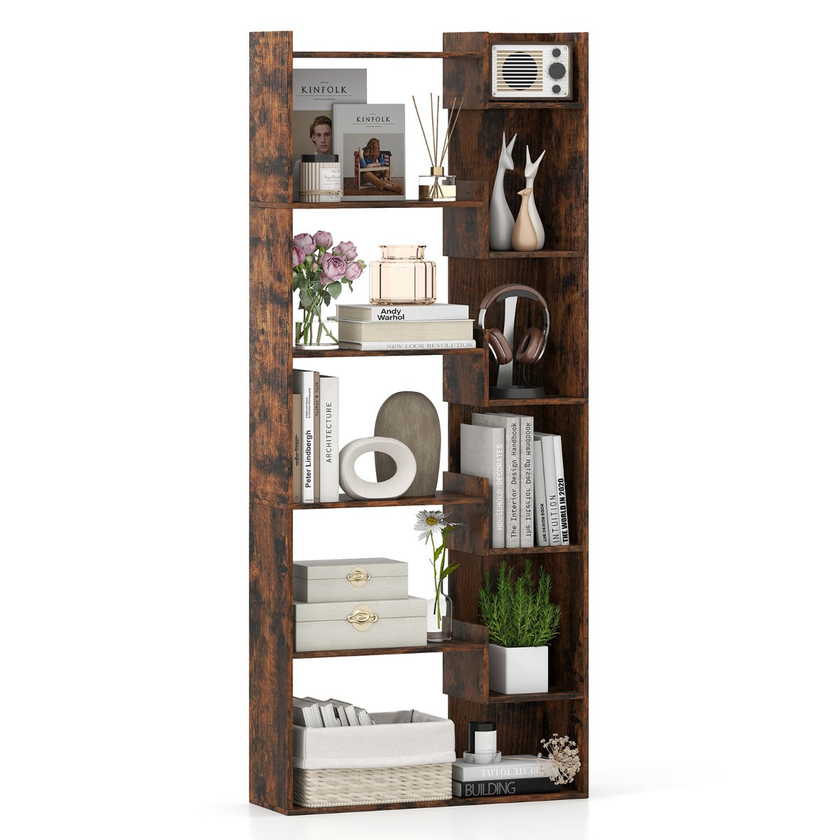 LIVSK Boekenkast met 11 Planken - Kantelbeveiligingen - Robuuste Spaanplaat - 69 x 22 x 163 cm - Rustiek Bruin