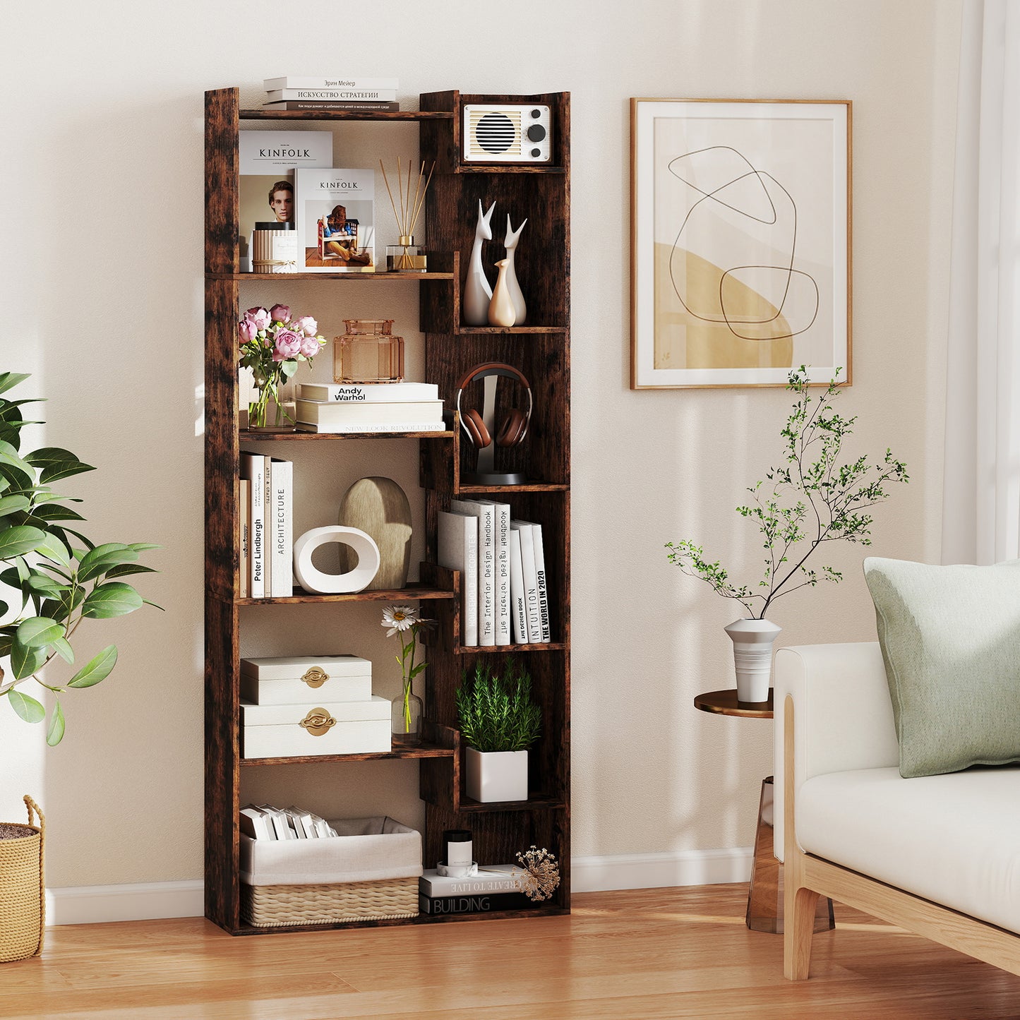 LIVSK Boekenkast met 11 Planken - Kantelbeveiligingen - Robuuste Spaanplaat - 69 x 22 x 163 cm - Rustiek Bruin