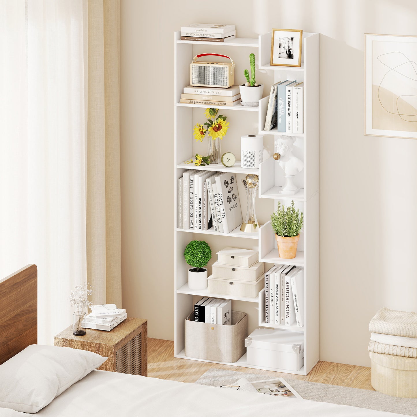 LIVSK Boekenplank 6-laags met Kantelbeveiligingen - Stevige Constructie - Elegant Design - 69 x 22 x 163 cm - Wit
