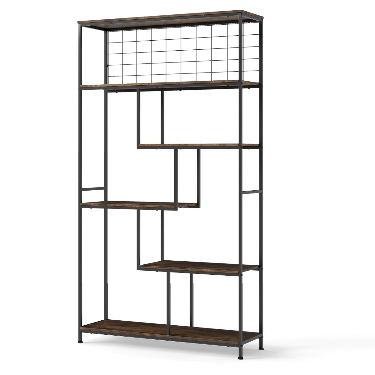 LIVSK Vrijstaande Boekenplank - 6 Open Planken - Robuust Metalen Frame - Kantelbeveiliging - Tot 30 kg per niveau - Rustiek bruin