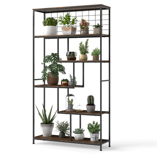 LIVSK Vrijstaande Boekenplank - 6 Open Planken - Robuust Metalen Frame - Kantelbeveiliging - Tot 30 kg per niveau - Rustiek bruin