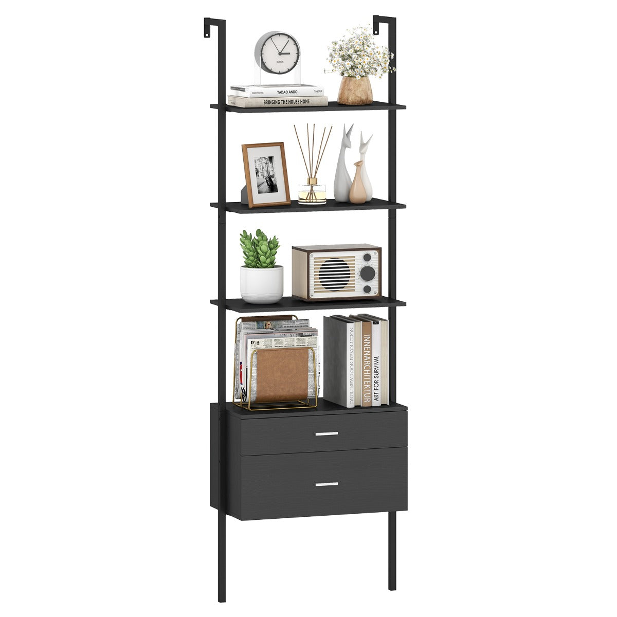 LIVSK Ladderkast met Lades - 4 Open Planken - Dubbel Kantelbeveiliging - Robuust Metaal - 60 x 30 x 184 cm - Zwart
