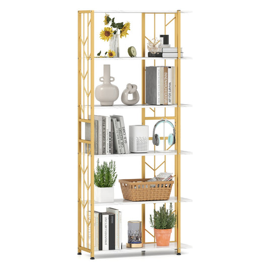 LIVSK Boekenkast met 6 Planken - Geometrisch Ontwerp - Verstelbare Poten - Stabiel en Veilig - 80 x 31 x 180 cm - Goud + Wit