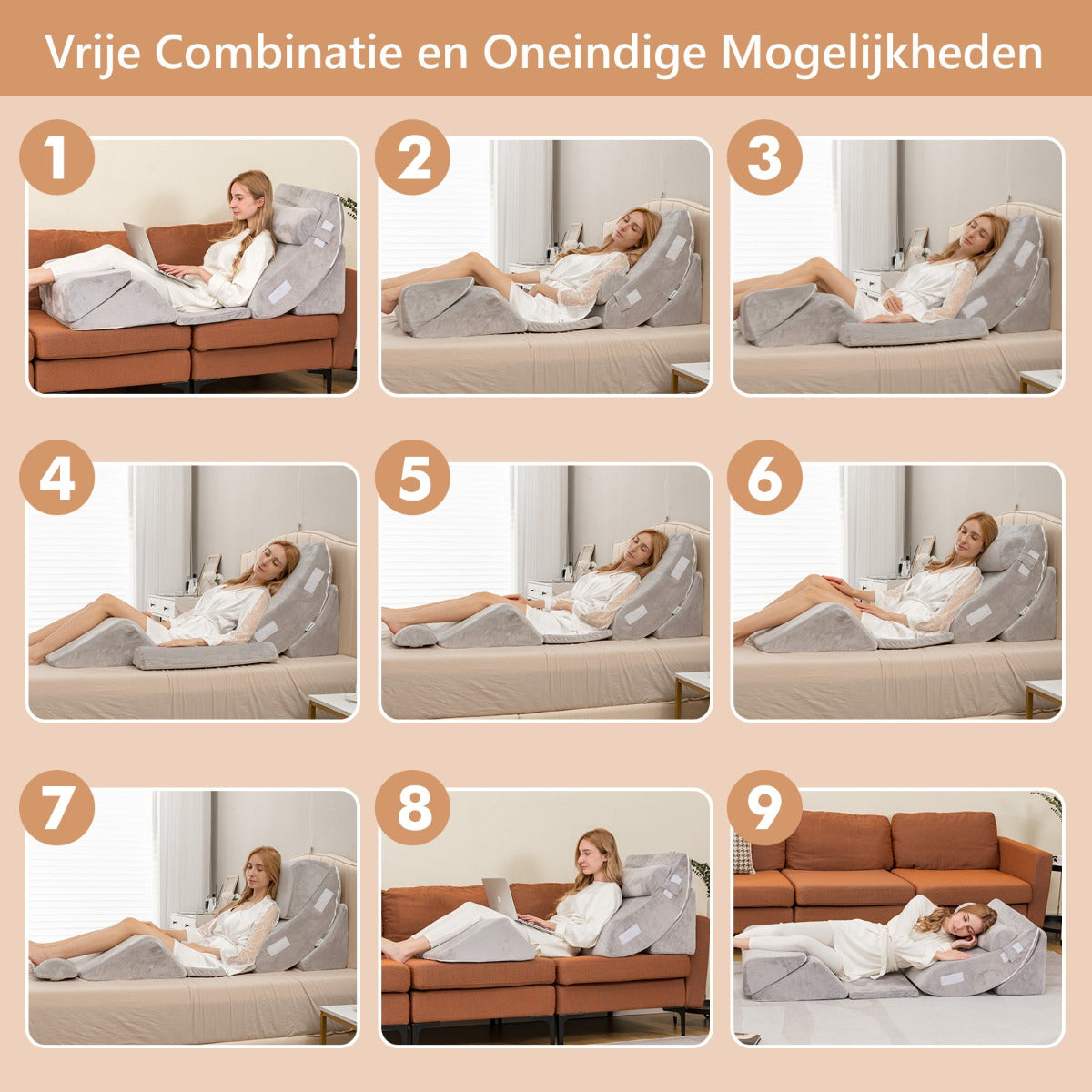 Livsk costway 6 stuks bed wigkussen traagschuim vulkussen set met comfortabel en verstelbaar rug steunkussen 5