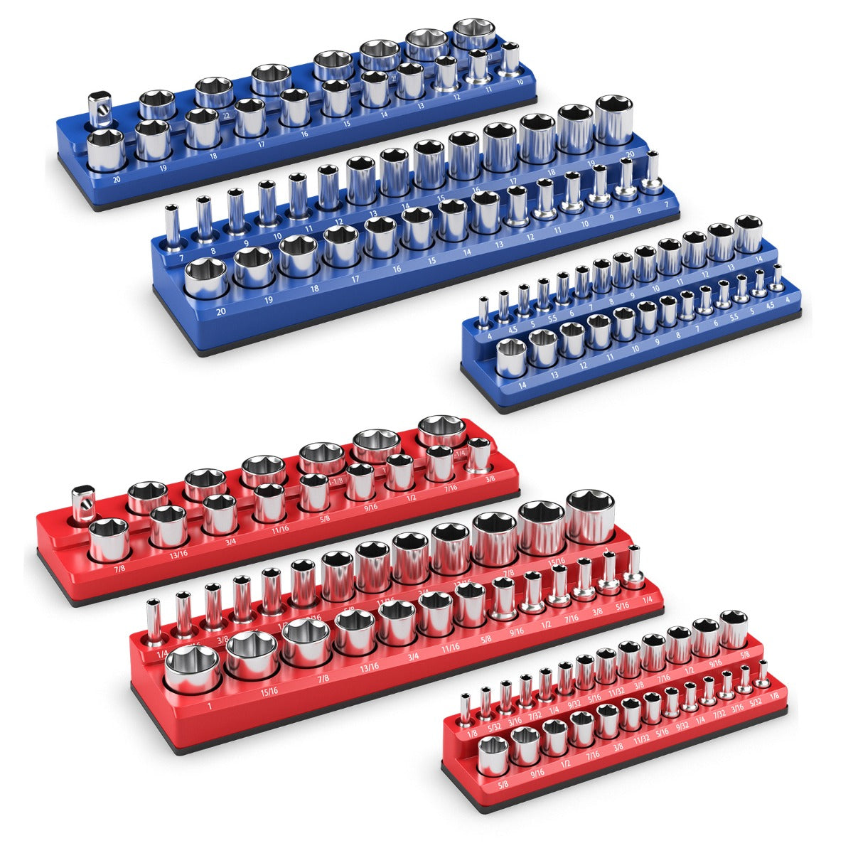 LIVSK Magnetische Dopsleutelhouder Set - 3 Metrische en 3 Inch Houders - Sterke Magneetbasis - Rubberen Bescherming - Blauw en