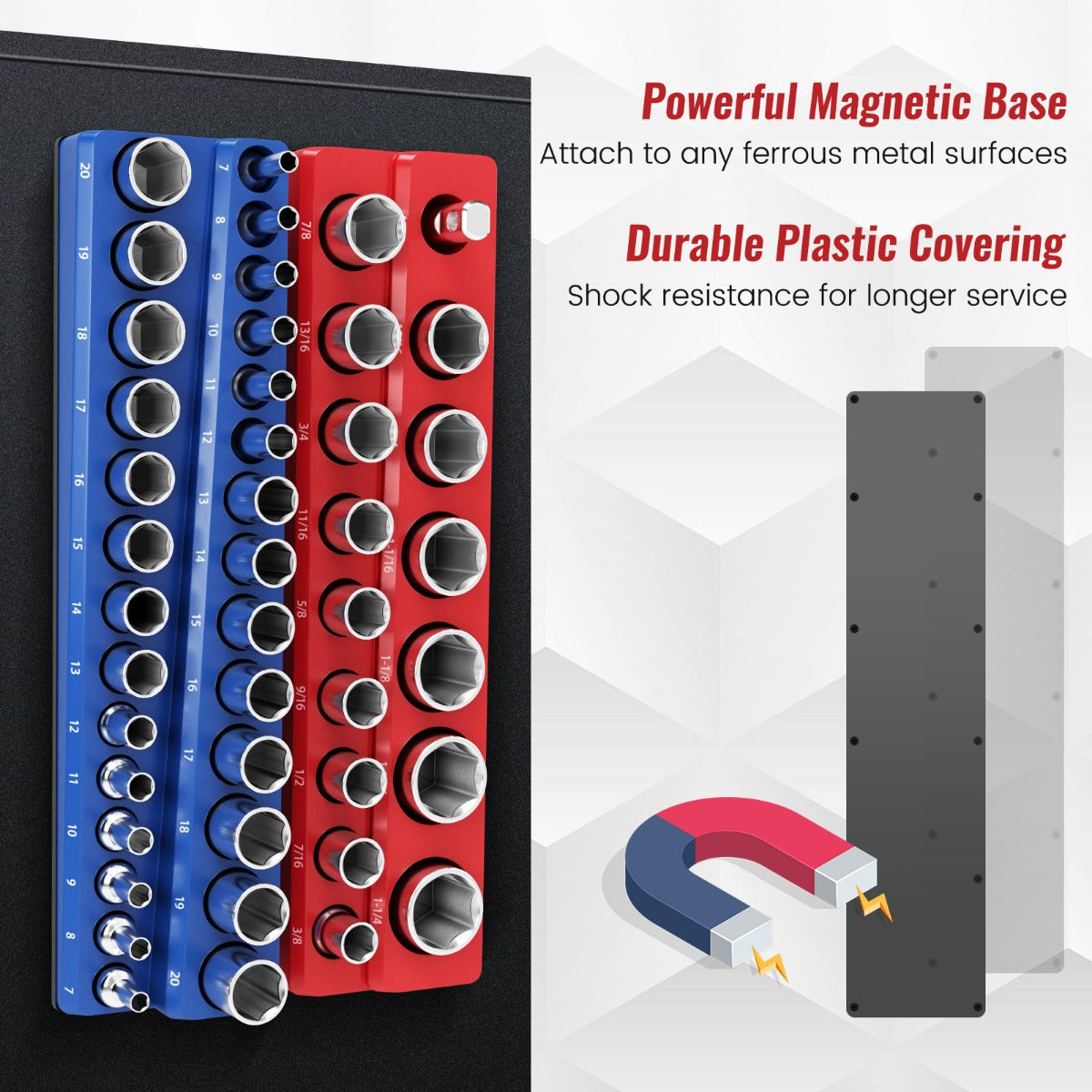 LIVSK Magnetische Dopsleutelhouder Set - 3 Metrische en 3 Inch Houders - Sterke Magneetbasis - Rubberen Bescherming - Blauw en