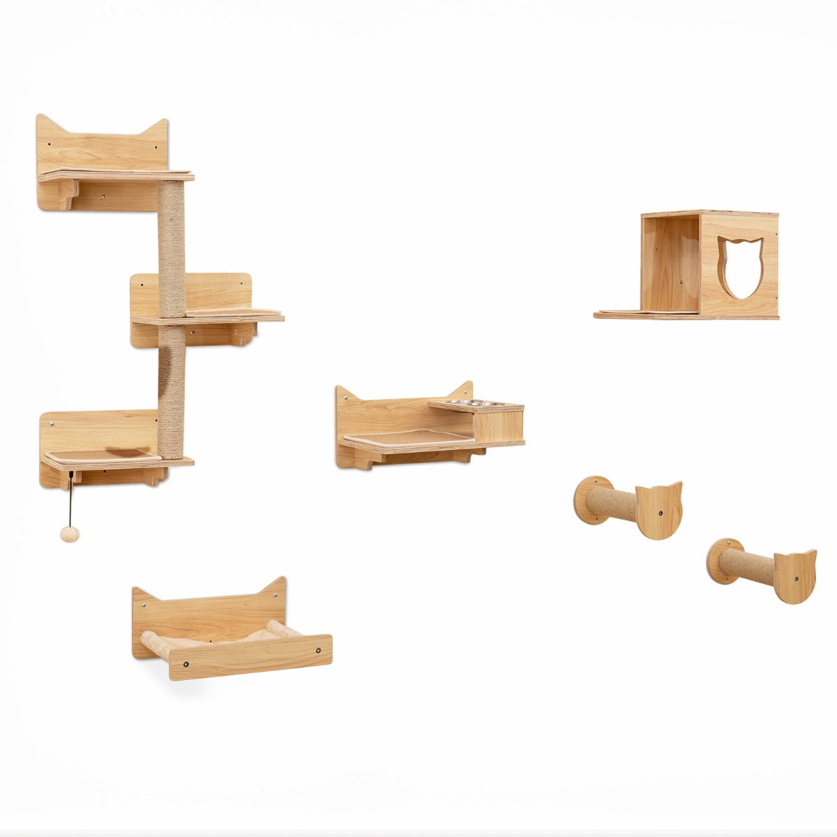 LIVSK Kattenwandmeubelset - Ruimtebesparend met 6 Planken - 3-Laagse Kattentoren - Krabpalen - Hangmat - Natuurlijk