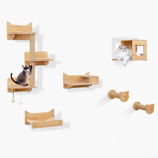 LIVSK Kattenwandmeubelset - Ruimtebesparend met 6 Planken - 3-Laagse Kattentoren - Krabpalen - Hangmat - Natuurlijk