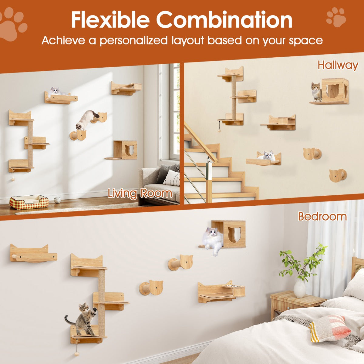 LIVSK Kattenwandmeubelset - Ruimtebesparend met 6 Planken - 3-Laagse Kattentoren - Krabpalen - Hangmat - Natuurlijk