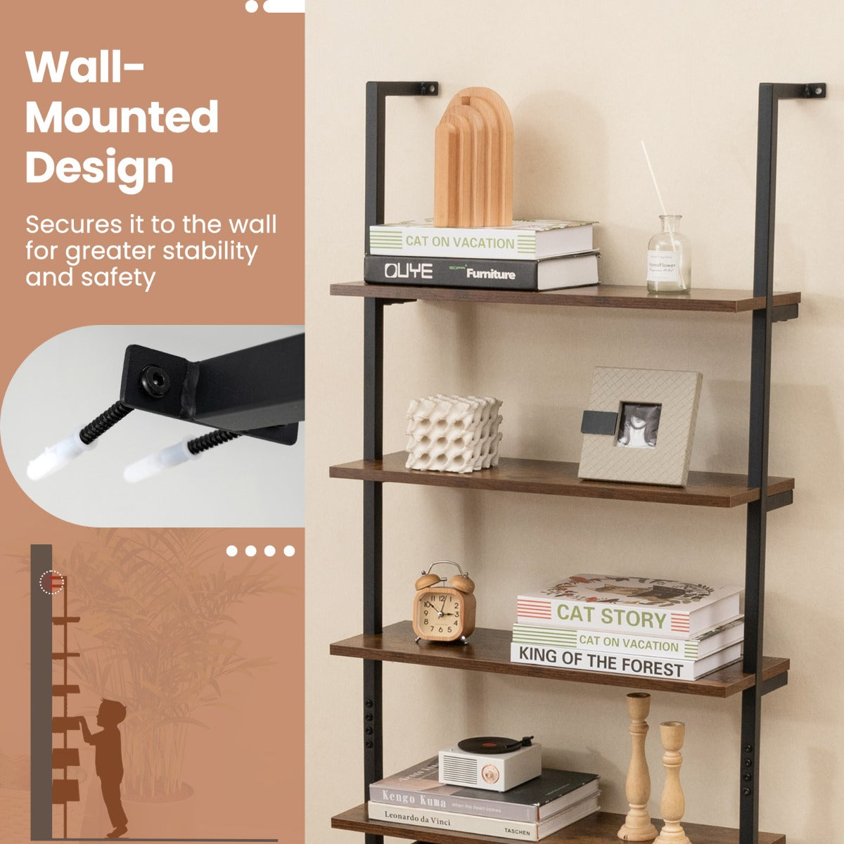 LIVSK 6-Laags Ladderplank - Industrieel Design - Robuust Metalen Frame - Ruimtebesparend - Tot 20 kg per Laag - Rustiek bruin