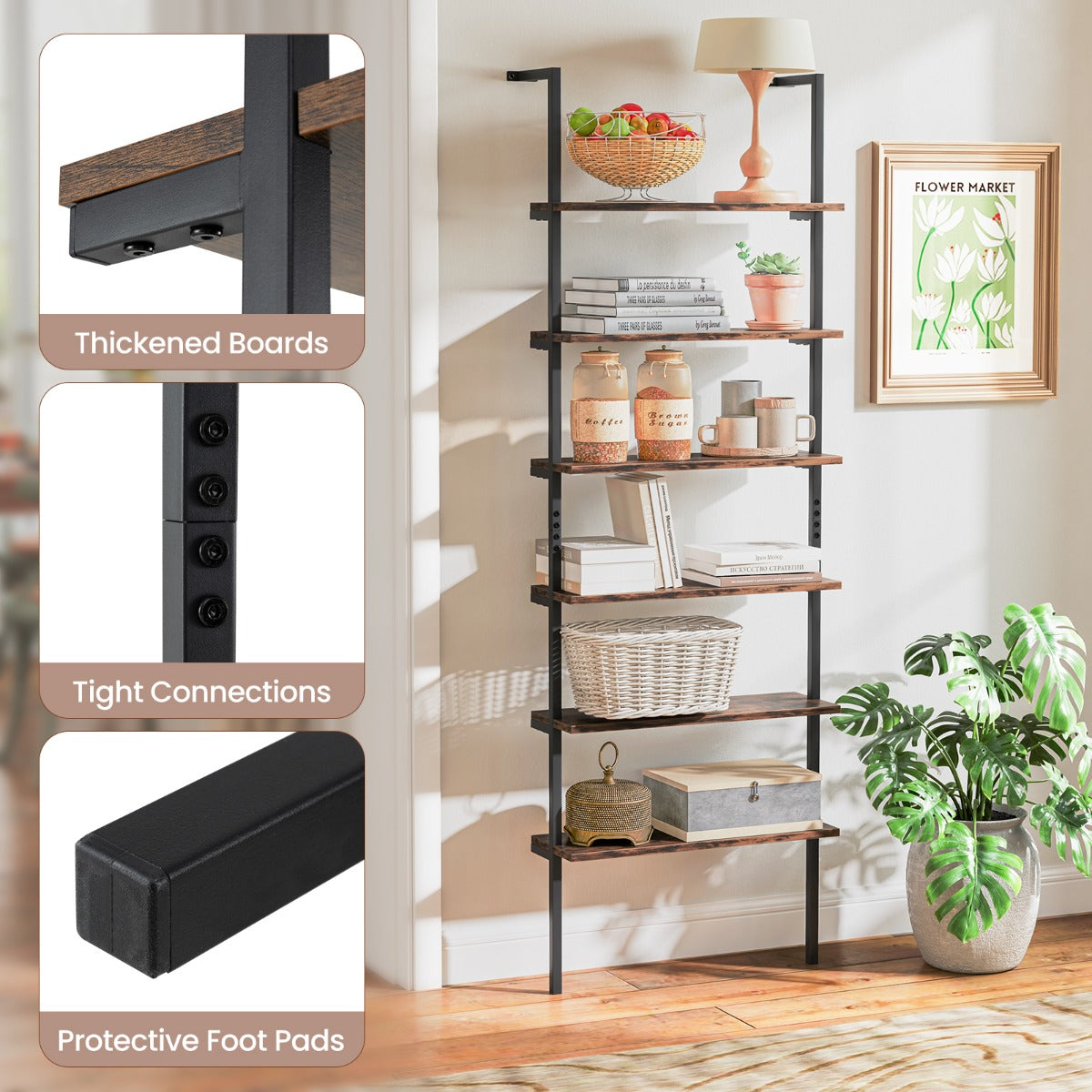LIVSK 6-Laags Ladderplank - Industrieel Design - Robuust Metalen Frame - Ruimtebesparend - Tot 20 kg per Laag - Rustiek bruin