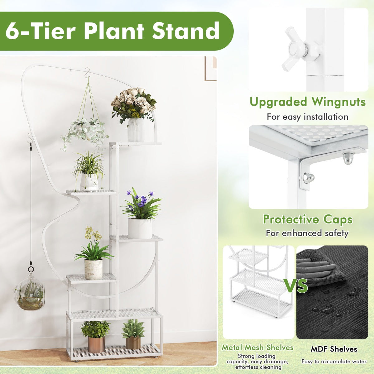 LIVSK 6-laags Metalen Plantenrekset - 2 Standaards - Vlinder-vormig - 12 Rekken en 4 Haken - 56 x 26 x 185 cm - Wit