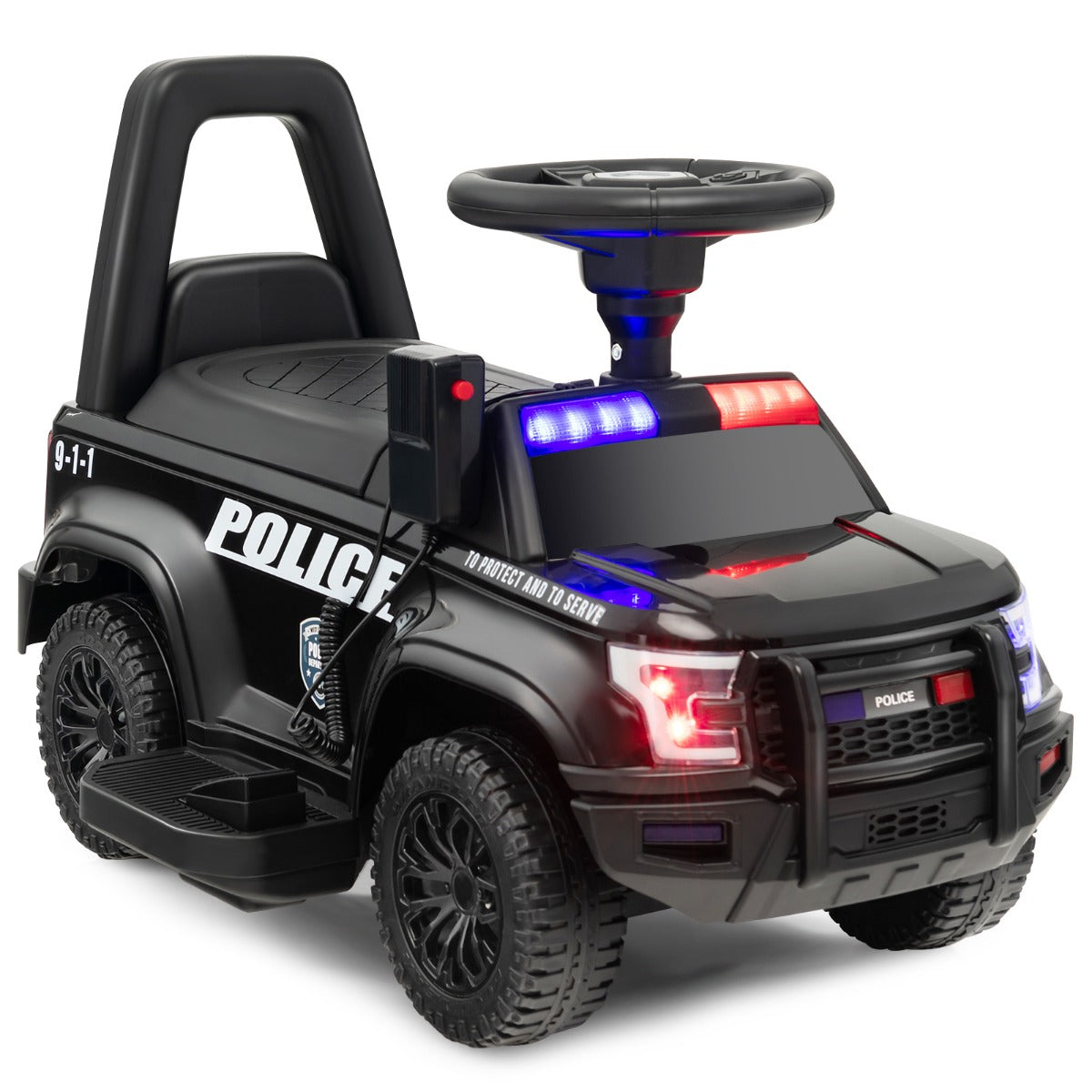 LIVSK Elektrische Politiespeelgoedauto - Waarschuwingslichten - Megafoon - Multimediaspeler - 62 x 44 x 43 cm - Zwart