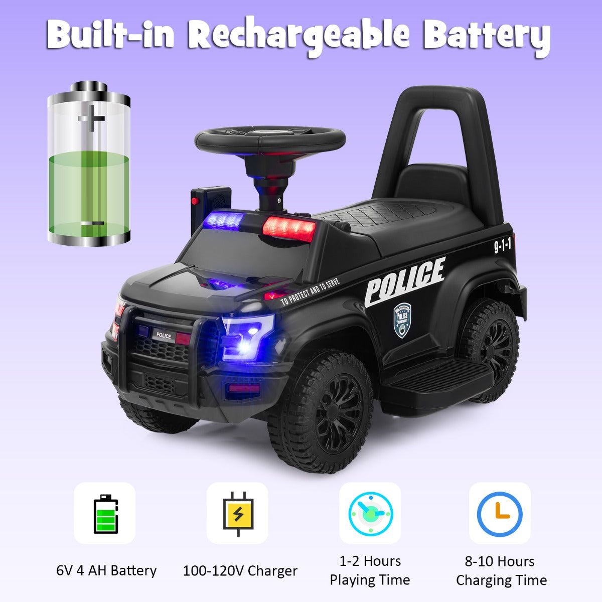 LIVSK Elektrische Politiespeelgoedauto - Waarschuwingslichten - Megafoon - Multimediaspeler - 62 x 44 x 43 cm - Zwart