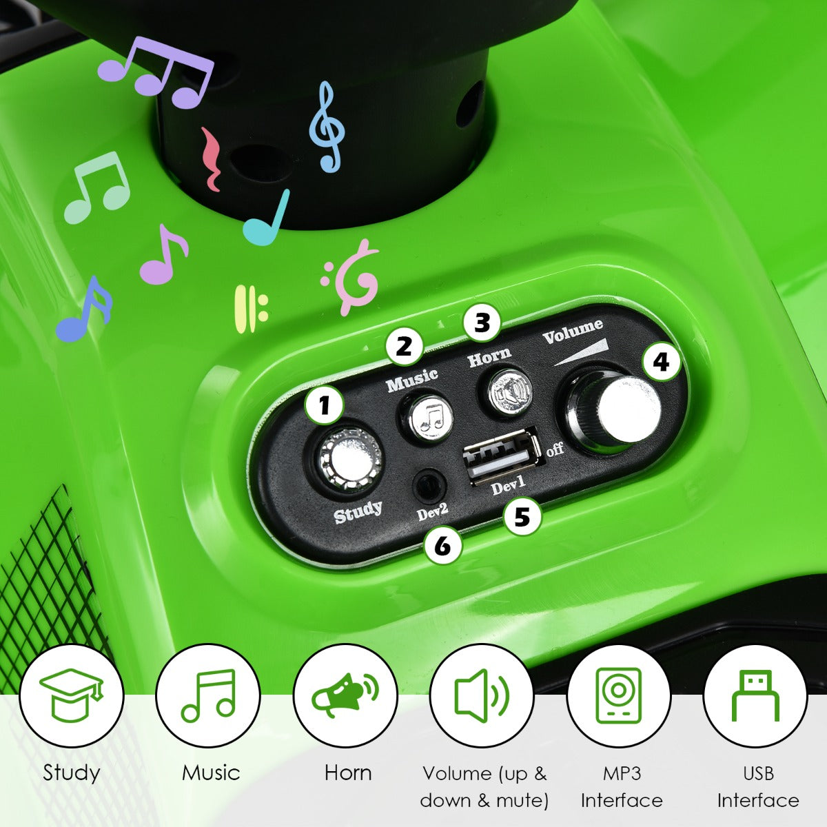 LIVSK Kinderquadbike - LED Koplamp - Muziek en Claxon - MP3/USB Aansluiting - Voor Peuters 18-36 maanden - Rood/Groen