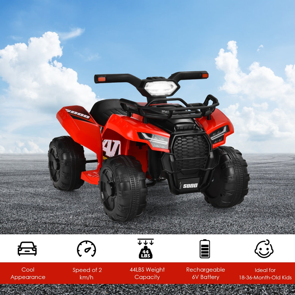LIVSK Kinderquadbike - LED Koplamp - Muziek - 4 Antislipwielen - Tot 20 kg - 44 x 66 x 42 cm - Rood