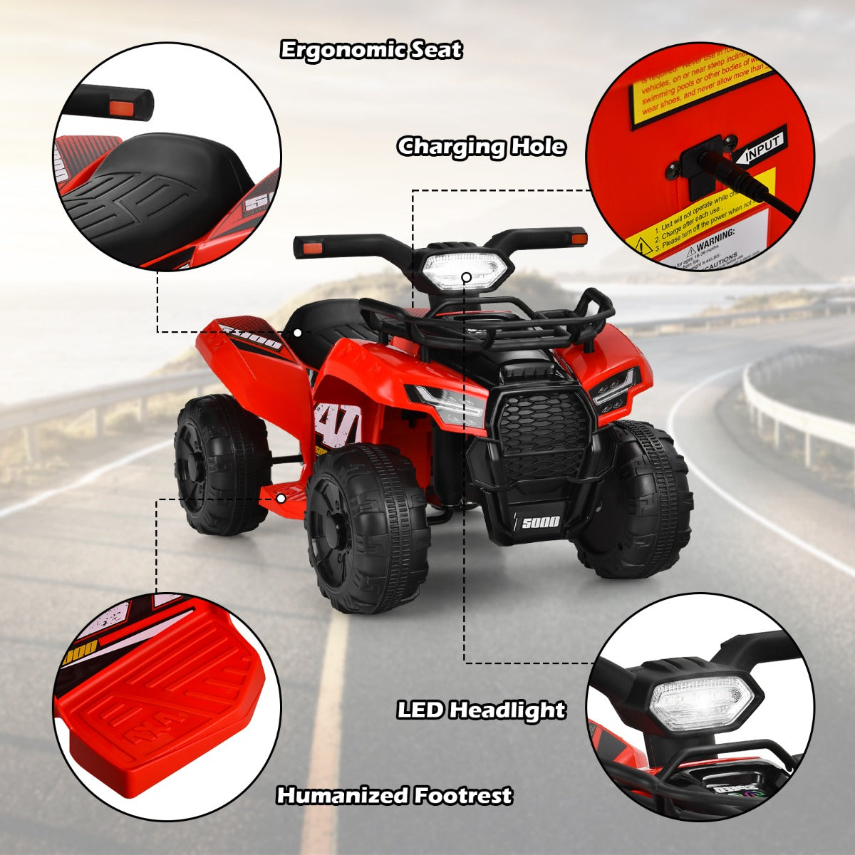 LIVSK Kinderquadbike - LED Koplamp - Muziek - 4 Antislipwielen - Tot 20 kg - 44 x 66 x 42 cm - Rood