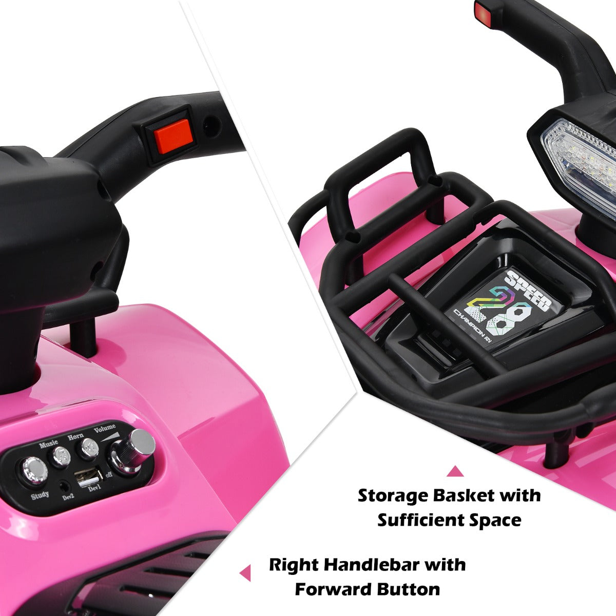 Livsk costway 6 v elektrische kinderquad mini elektrische quad met muziek claxon en led koplamp kinderquad 2 km h voor peuters vanaf 18 maanden roze 6