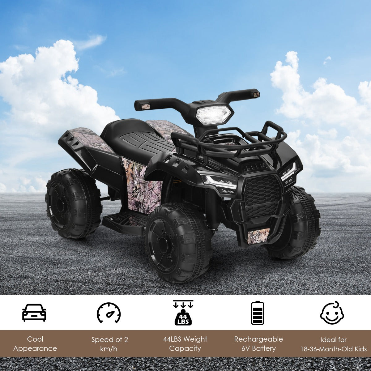 LIVSK Kinderquadbike - Duurzaam Met Metalen Frame - LED Koplamp - Muziek - Tot 20 kg - Voor 18-36 Maanden - Zwart