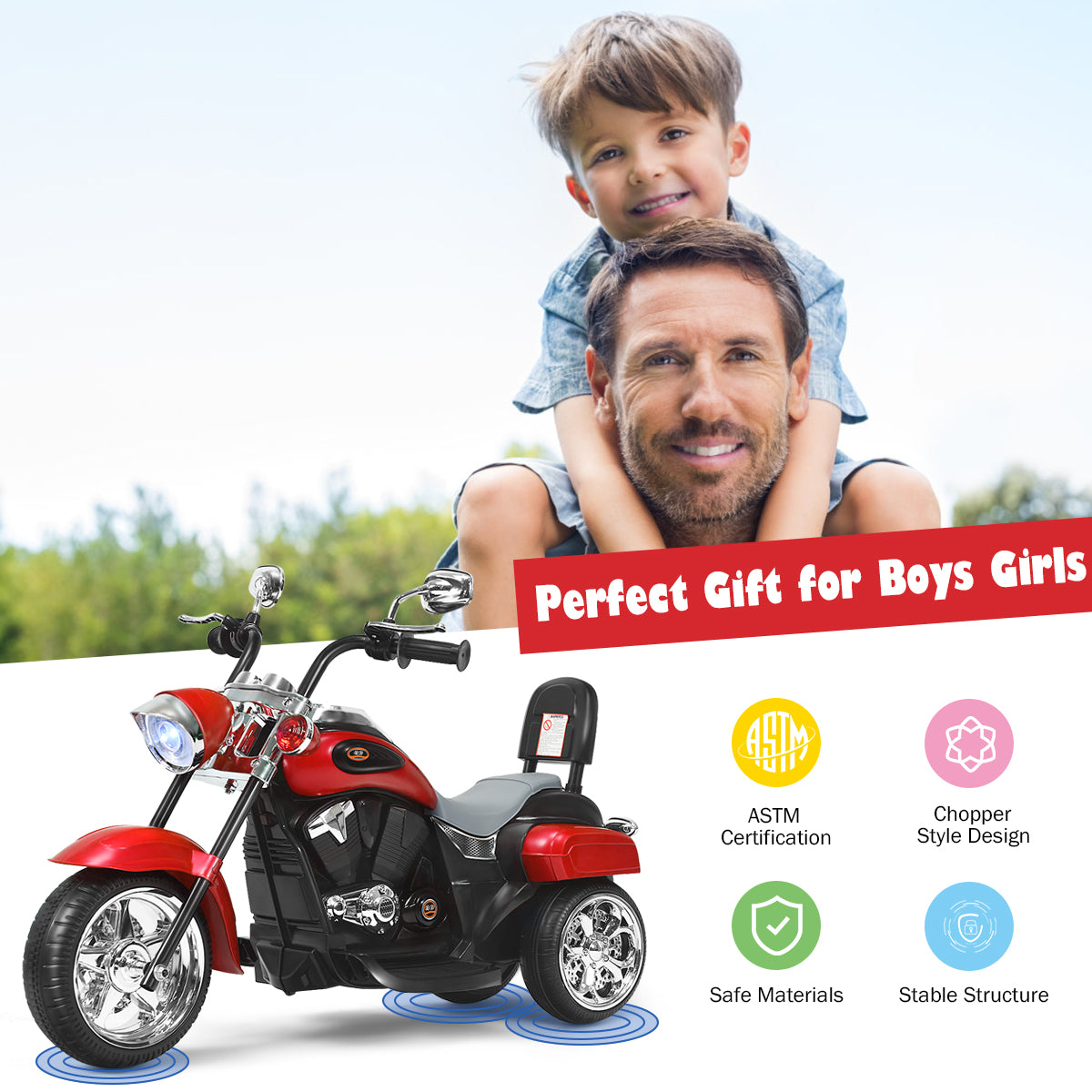 LIVSK Chopper Stijl Motorfiets voor Kinderen - 3-Wielstructuur - Vooruit/Achteruit - Heldere Koplamp & Muziek - 91 x 48 x 64 cm -