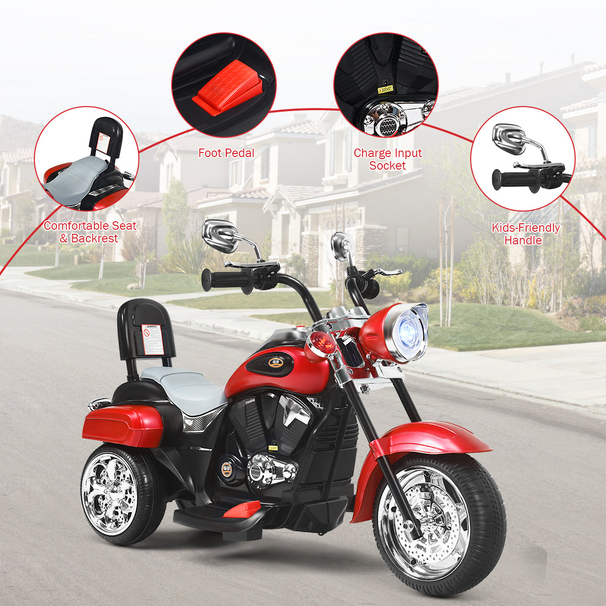 LIVSK Chopper Stijl Motorfiets voor Kinderen - 3-Wielstructuur - Vooruit/Achteruit - Heldere Koplamp & Muziek - 91 x 48 x 64 cm -