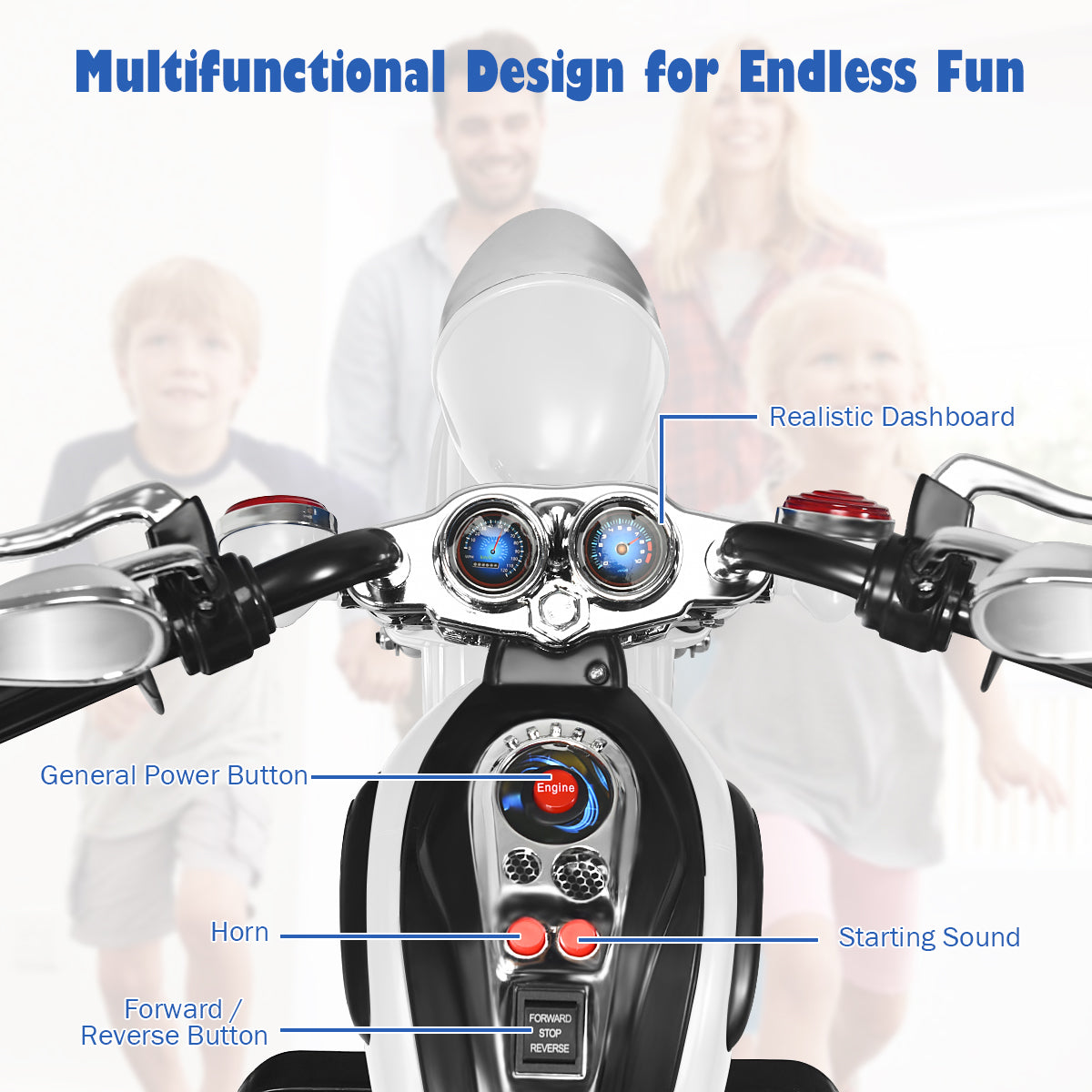 LIVSK Chopper Stijl Motorfiets - 3-wiel ontwerp - Verstelbare koplamp - Ingebouwde muziek - Voor kinderen vanaf 3 jaar - Zoals