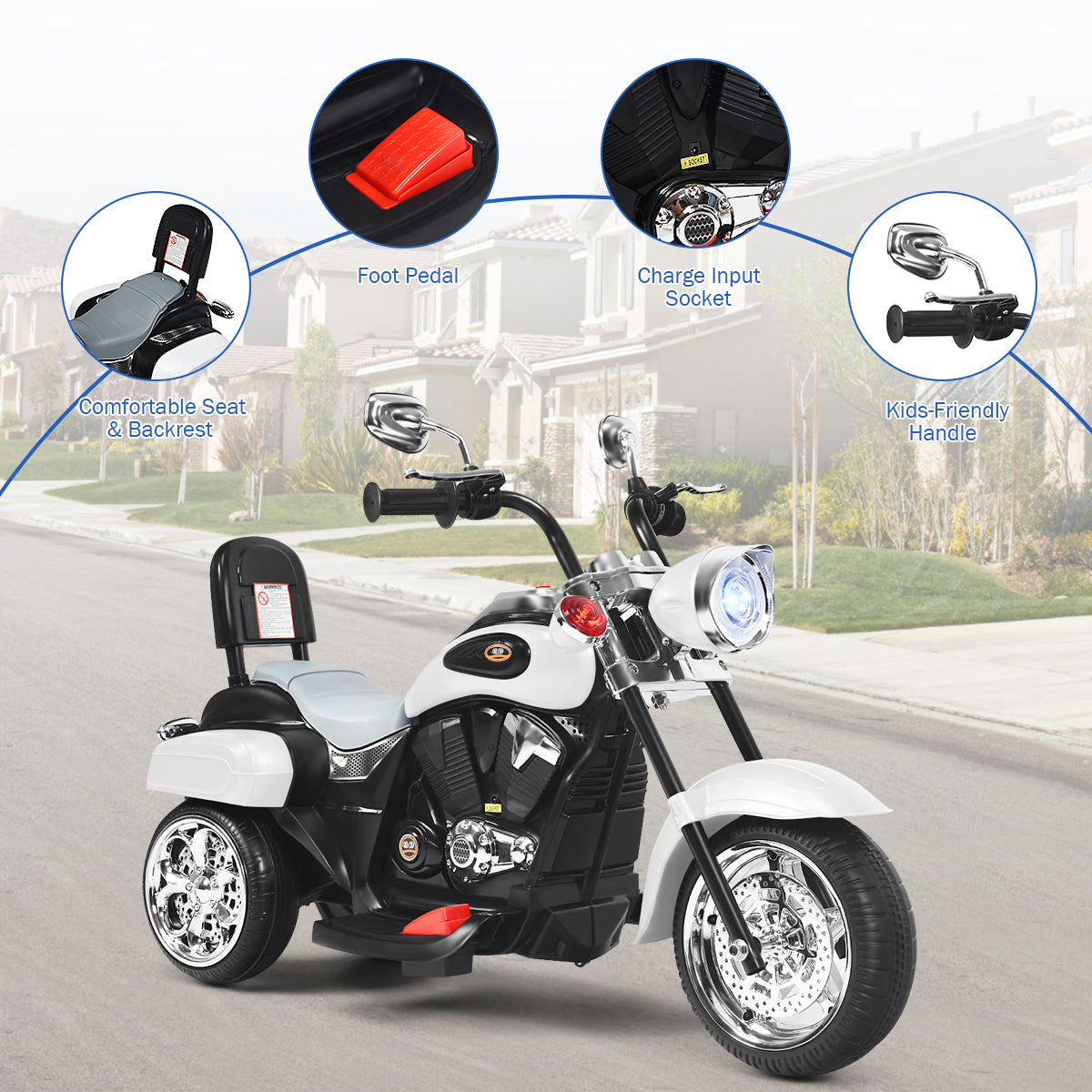 LIVSK Chopper Stijl Motorfiets - 3-wiel ontwerp - Verstelbare koplamp - Ingebouwde muziek - Voor kinderen vanaf 3 jaar - Zoals