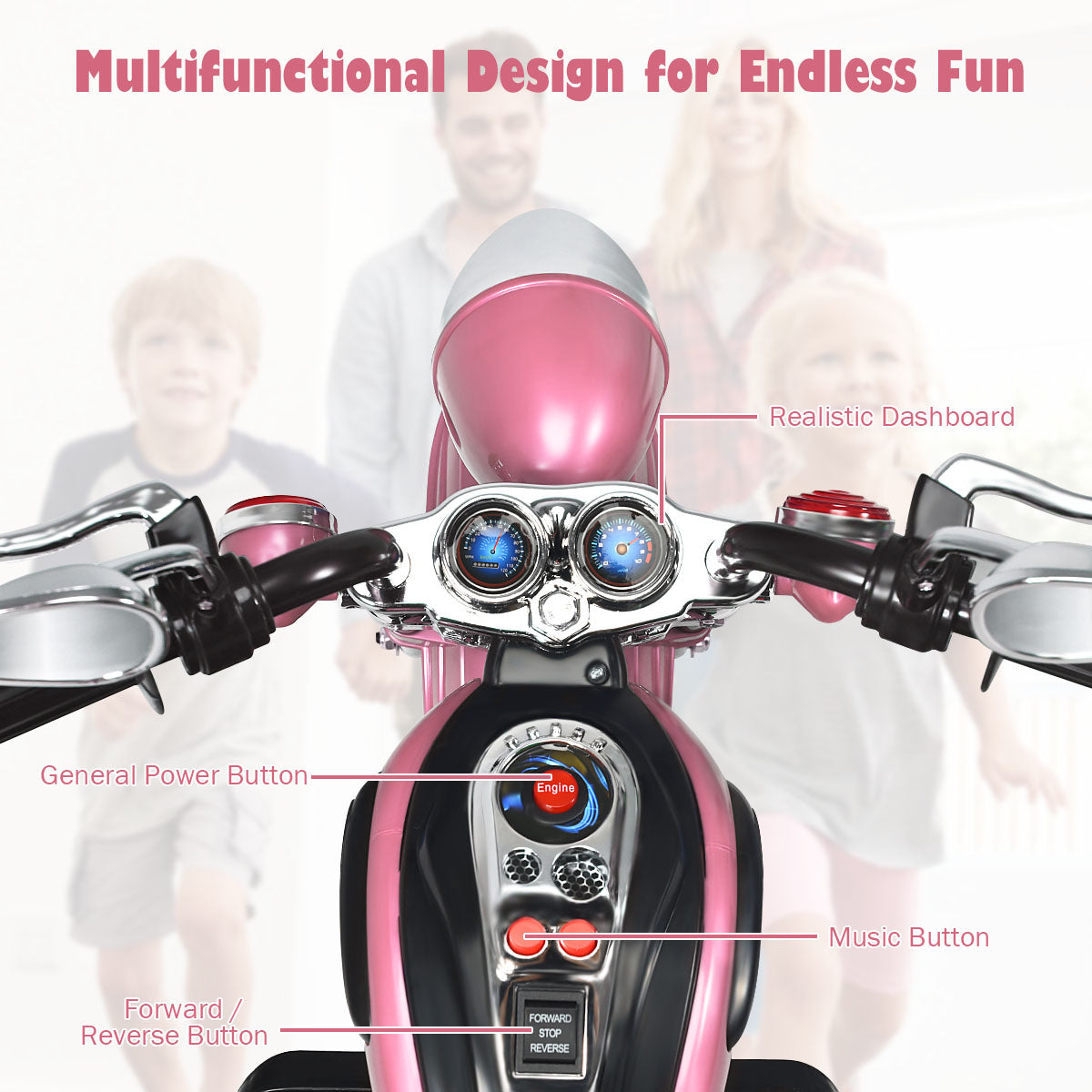 LIVSK Batterij-aangedreven Chopper Motorfiets - 3-wiel ontwerp - Heldere Koplamp - Ingebouwde Muziek - Voor Kinderen - 91 x 48 x