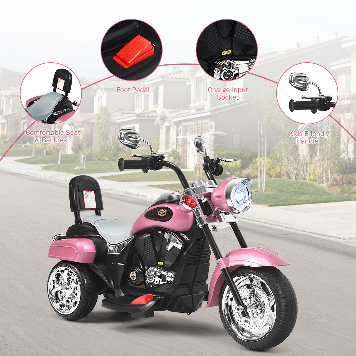 LIVSK Batterij-aangedreven Chopper Motorfiets - 3-wiel ontwerp - Heldere Koplamp - Ingebouwde Muziek - Voor Kinderen - 91 x 48 x