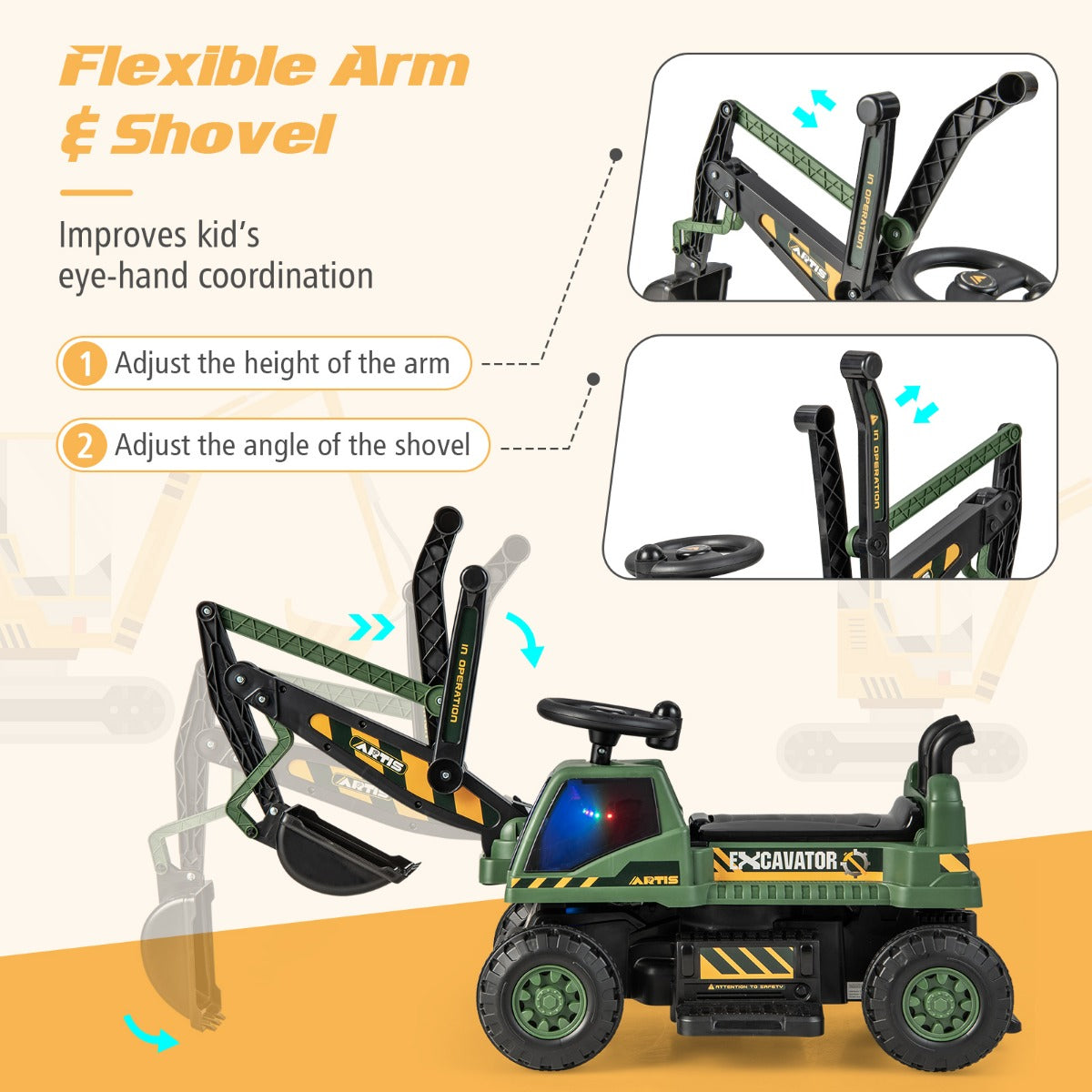 LIVSK Rijdende Graafmachine voor Kinderen - Verstelbare Arm - Draaibare Schep - Interactieve Speelmodi - Tot 25 kg - Groen