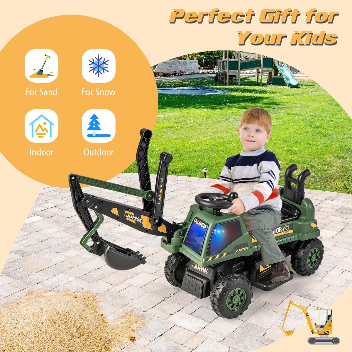 LIVSK Rijdende Graafmachine voor Kinderen - Verstelbare Arm - Draaibare Schep - Interactieve Speelmodi - Tot 25 kg - Groen