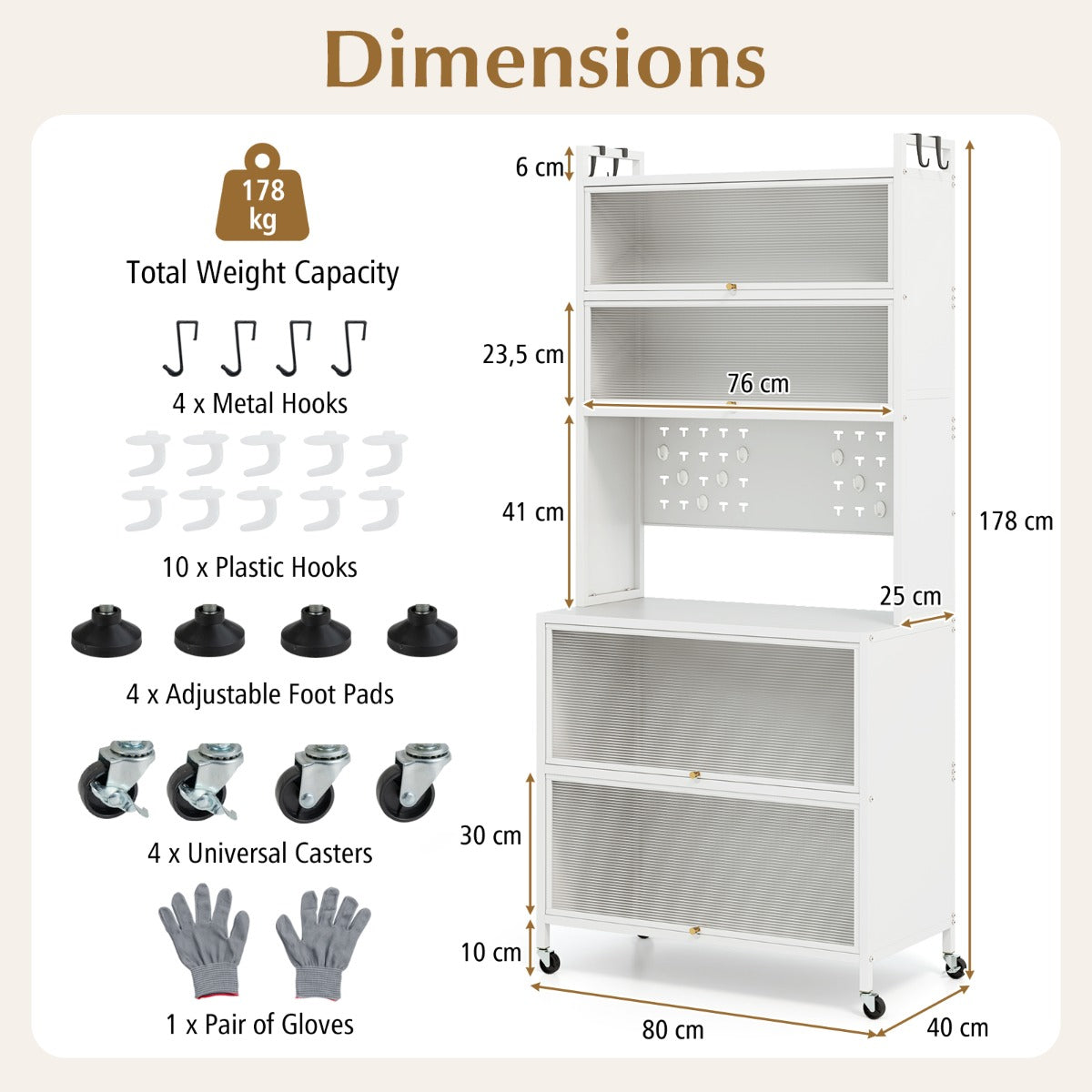 LIVSK Keukenkast met 6 Niveaus - Draaideuren - 4 Wielen - Duurzaam Koolstofstaal - 80 x 40 x 178 cm - Zwart/Wit