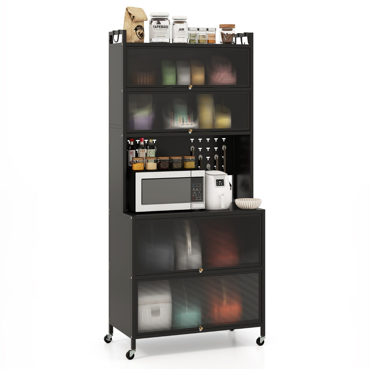 LIVSK Keukenkast met 6 Niveaus - Doorschijnende Draaideuren - Verplaatsbaar met Wielen - Stevig Koolstofstaal - 80 x 40 x 178 cm