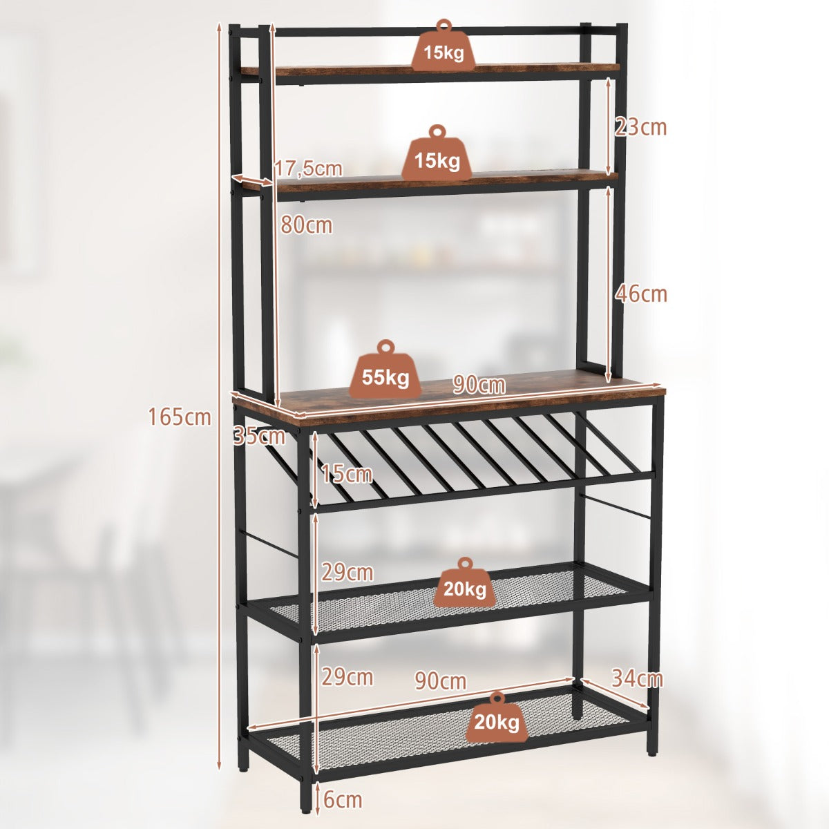 LIVSK Keukenrek Vrijstaand met Wijnrek en Planken - Ruimtebesparend en Stabiel - Industriële Stijl - 90 x 35 x 165 cm - Rustiek
