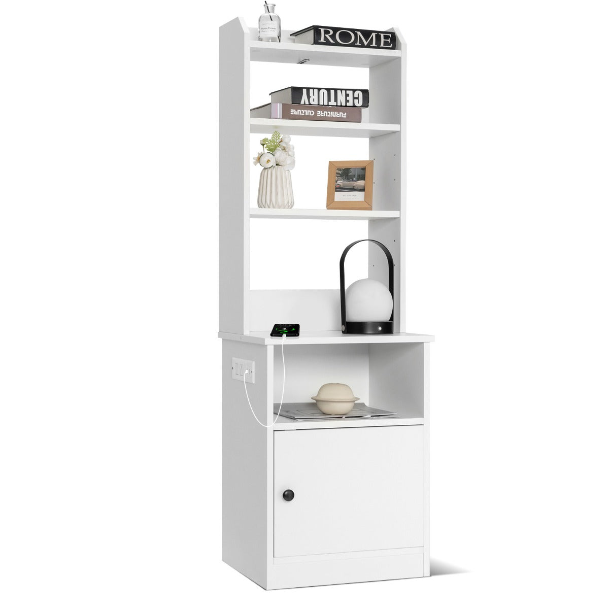 LIVSK Grote Nachtkast met Oplaadstation - 4 Open Schappen - Verstelbare Plank - Kabelmanagement - 120 x 40 x 75 cm - Wit