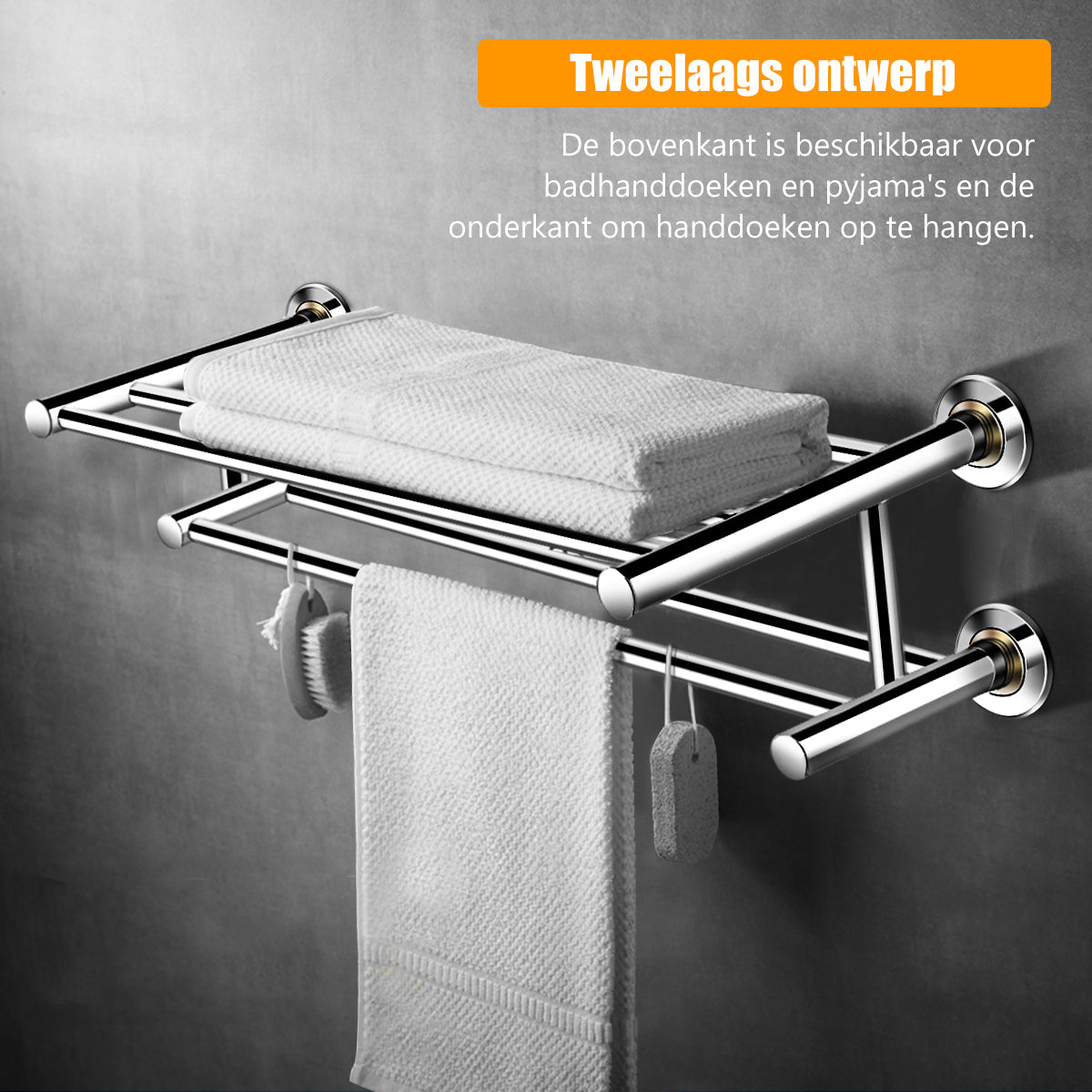 LIVSK Handdoekhouder - Wandmontage - Roestvrij staal - Waterdicht en roestbestendig - Tot 20 kg - 60 x 23 x 15 cm - Zilver