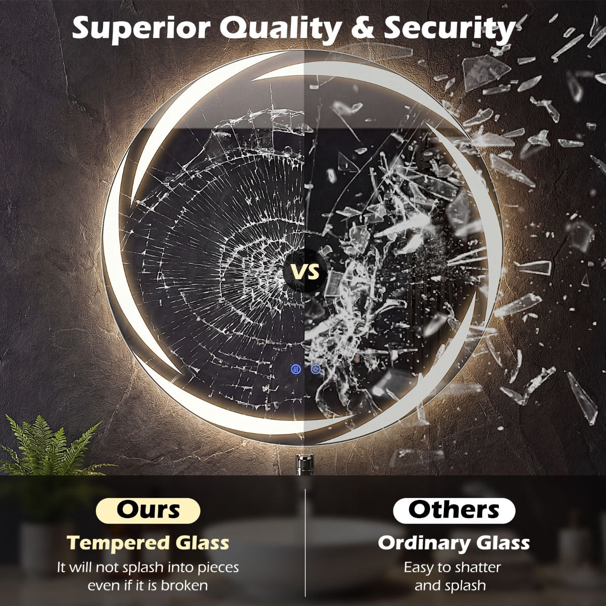 Livsk costway 60 cm ronde led badkamerspiegel explosieveilige geharde glazen wandspiegel met 3 kleurenverlichting en anticondens