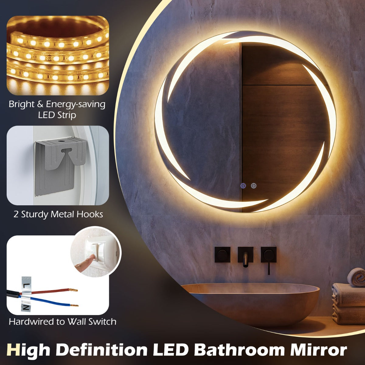 Livsk costway 60 cm ronde led badkamerspiegel explosieveilige geharde glazen wandspiegel met 3 kleurenverlichting en anticondens