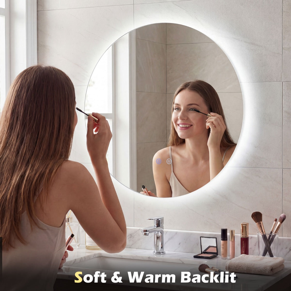 Livsk costway 60 cm ronde led verlichte spiegel badkamerspiegel met instelbare helderheid