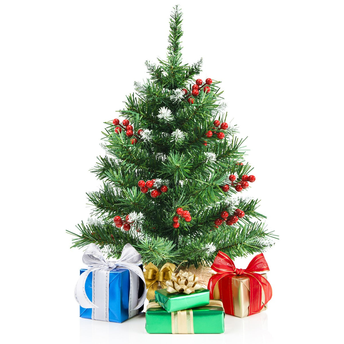 LIVSK Tafelblad Kerstboom - Levensecht met 76 Takken en 84 Rode Bessen - Duurzaam PVC - Stabiele Cementen Basis - Groen
