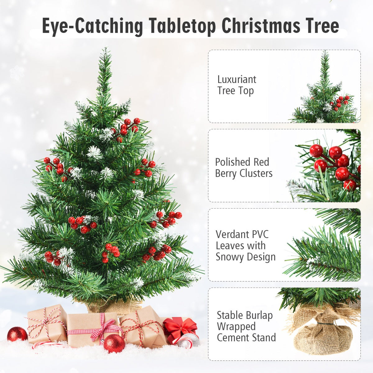LIVSK Tafelblad Kerstboom - Levensecht met 76 Takken en 84 Rode Bessen - Duurzaam PVC - Stabiele Cementen Basis - Groen